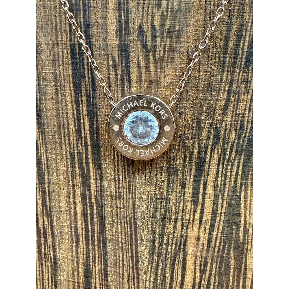 Michael Kors Logo Gold-Tone & Crystal Pendant Necklace